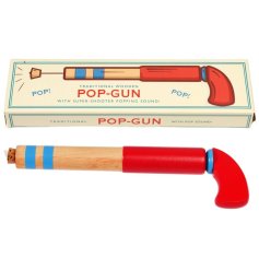 A traditional wooden pop gun in a bold red and blue colour, packaged in a matching gift box.