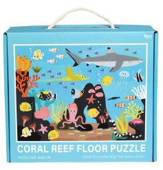 A 24-piece floor puzzle featuring a coral reef scene with many fish and other sea creatures.