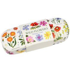 A floral protective glasses case picturing a range of pretty flowers.