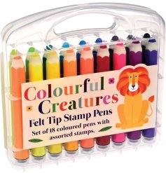 A colourful felt tip pen set, each with a unique stamp at the bottom. 