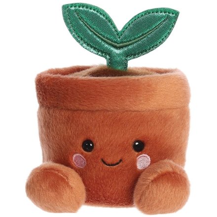 A cute character soft toy of a plant pot with a sprouting plant , from the Palm Pal collection.