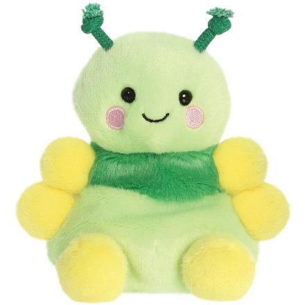 Ivy the caterpillar from the Palm Pals range. A soft toy with rosy cheeks and a big grin.