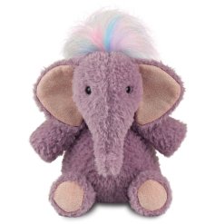 A elephant soft toy in purple and pink tones with a multicoloured mane.