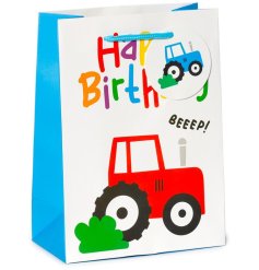 A cute gift bag with a tractor image and 'Happy Birthday' wording in multicolours