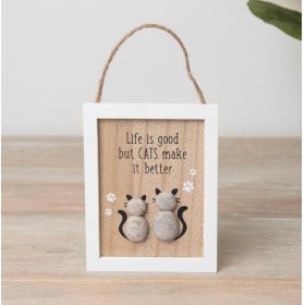 A charming wooden cat sign featuring two pebble cats, pawprints and text