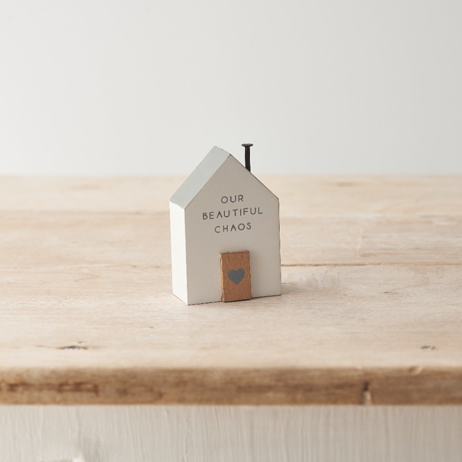 A heartwarming wooden mini standing decoration for the home. It features 'Our beautiful chaos' text 