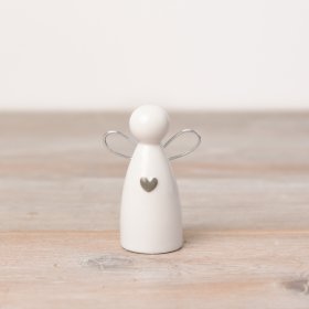 A chic and simple porcelain angel decoration with silver wire wings and an embossed heart. 