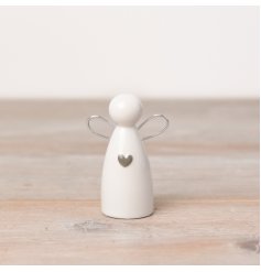 A chic porcelain angel decoration. Beautifully classic with wire wings and a grey heart design. 