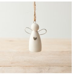 A chic porcelain angel decoration with wire wings and a glazed grey heart detail.