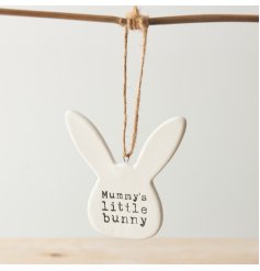A charming and unique bunny shaped porcelain decoration with a cute stamped slogan. 