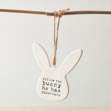 A unique bunny shaped decoration with a rustic jute string hanger. 