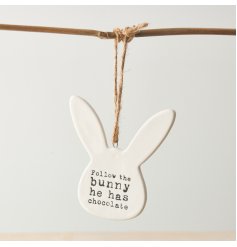 A unique bunny shaped decoration with a rustic jute string hanger. 