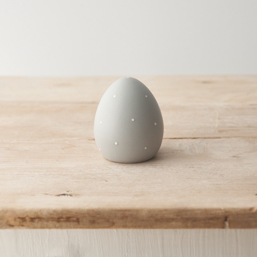 A chic grey and white polka dot egg. A classic seasonal interior accessory and gift item. 