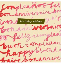 A greeting card displaying typed ''birthday wishes'' with different translations of happy birthday in a cute pink colour