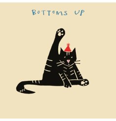 A greeting card with a cheeky cat wearing a party hat and the text 'bottoms up' displayed on the card.