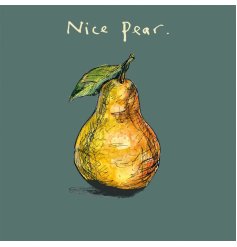 A witty green greeting card with a illustrated pear and 'Nice Pear' wording.