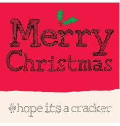 A fun christmas card in red with simple wording, a hashtag slogan and a holly image.
