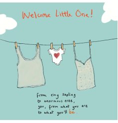 A greeting card for a baby and new parents, displaying 3 clothing items hung on a washing line with rhyming text 