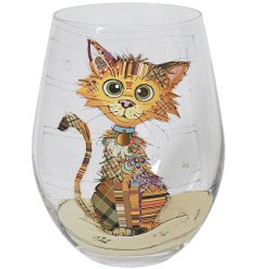 A stemless glass featuring Kimba the kitten from the popular bug art range.