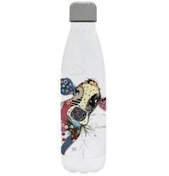 An insulated water bottle with Connie the Cow printed around it, from the Bug Art range. 