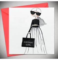 A stylish birthday greeting card for a trendy girl! Detailing a smart woman with long hair and a black handbag