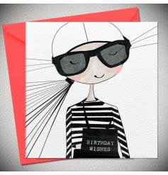 A 'Birthday Wishes' greeting card in black and white featuring a girl wearing glasses in a striped top