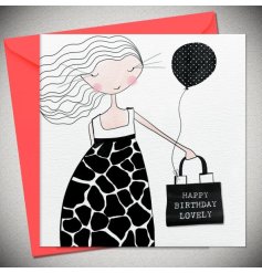  A birthday card in black and white featuring a girl in a printed dress holding a bag with a balloon attached