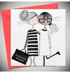 A black and white greeting card featuring two best friend drawings