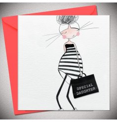 A monochrome greeting card for a special daughter. Featuring a girl illustration in a striped dress