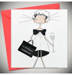A trendy greeting card featuring a sophisticated woman with a glass of fizz and a shopper.