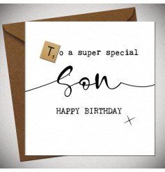 Happy Birthday to a super special son! A white greeting card with black wording. 
