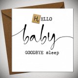 A humorous monochrome greeting card for new families.