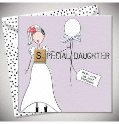 A sweet birthday greeting card for a daughter, it details a girl in a pretty white dress holding onto a balloon.
