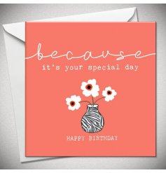 A delightful birthday card featuring a bunch of flowers in a zebra print vase illustration.