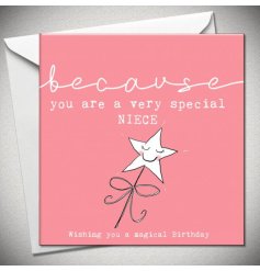 A sweet greeting card for a special niece! Featuring a wand with a big smile and white scripted wording.