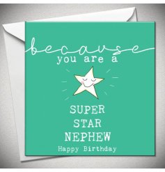 A nephew birthday greeting card in bright green. A bright smiling star with super star nephew text underneath.