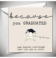 Lets Celebrate! Congratulate the new graduate with this greeting card. With bold black wording and a star wearing a hat
