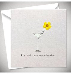 A single cocktail printed onto a greeting card with 'Birthday Cocktails' scripted text.