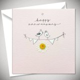 A cute anniversary greeting card for a special couple. It details two dressed love birds standing on some bunting. 