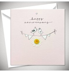 A cute anniversary greeting card for a special couple. It details two dressed love birds standing on some bunting. 