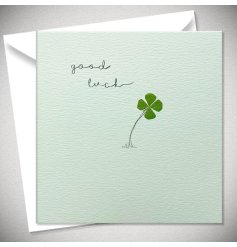 A green card for luck! Featuring a single real pressed 4 leaf clover with ' good luck' wording.