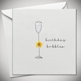 A simple yet elegant greeting card with 'Birthday Bubbles' wording and a single champagne flute. 