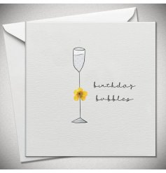 A birthday greeting card featuring a filled champagne flute with 'Birthday Bubbles' text next to it. A great card 