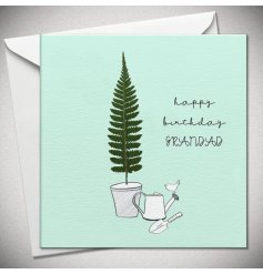 A loving birthday card for a grandad. It details a tree design with gardening tools and 'Happy Birthday Grandad' wording