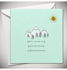 A romantic greeting card with mountain scenes in a bright green colour. 