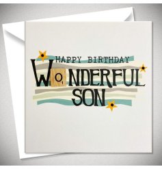  A greeting card celebrating a sons birthday, in subtle grey and green tones. 