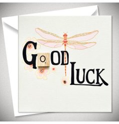 A floral dragonfly style greeting card with 'Good Luck' text.
