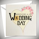 A delightful wedding greeting card for the happy couple, in a love heart design with intricate pink flowers.