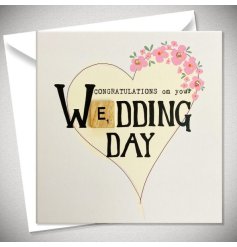 A delightful wedding greeting card for the happy couple, in a love heart design with intricate pink flowers.