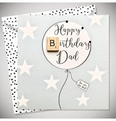 A star design birthday card for a Dad. In a lovely pastel blue colour with a scrabble piece as part of the design